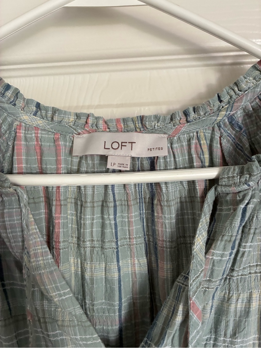 LOFT Blue and Pink Plaid Short Sleeve Tiered Dress - Picture 3 of 3